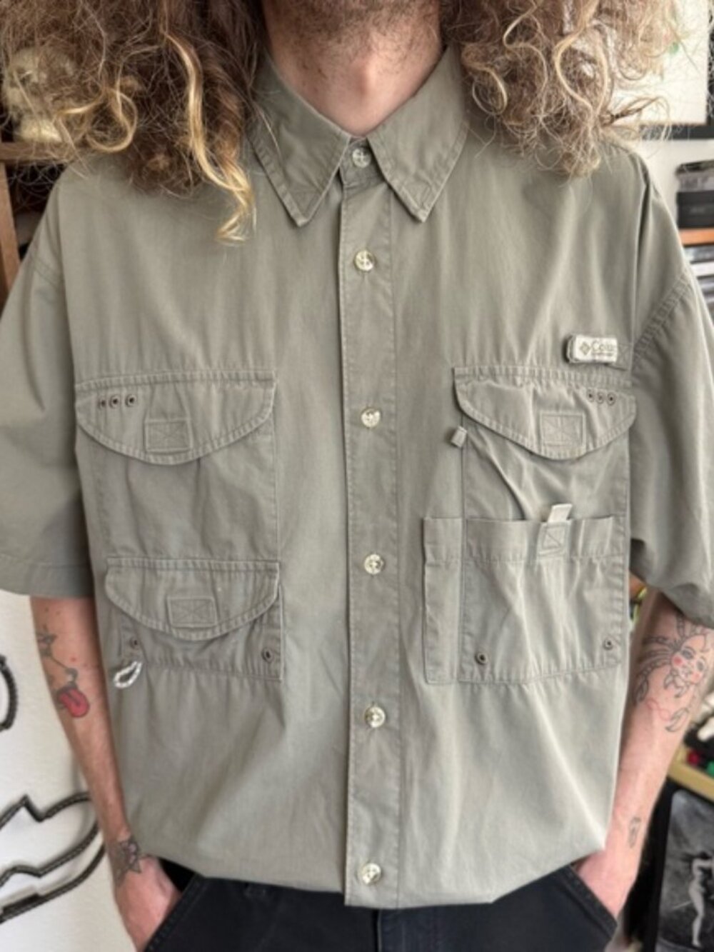 Vintage 2000s Columbia PFG Moss Green Short Sleeve Button Down Shirt ~ Size M
